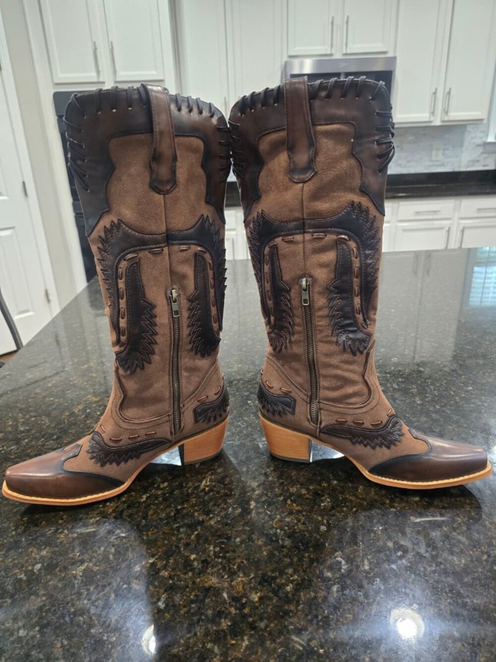 👉Women's Dark Brown Floral Embroidered Western Cowboy Knee High Boots Wide Calf